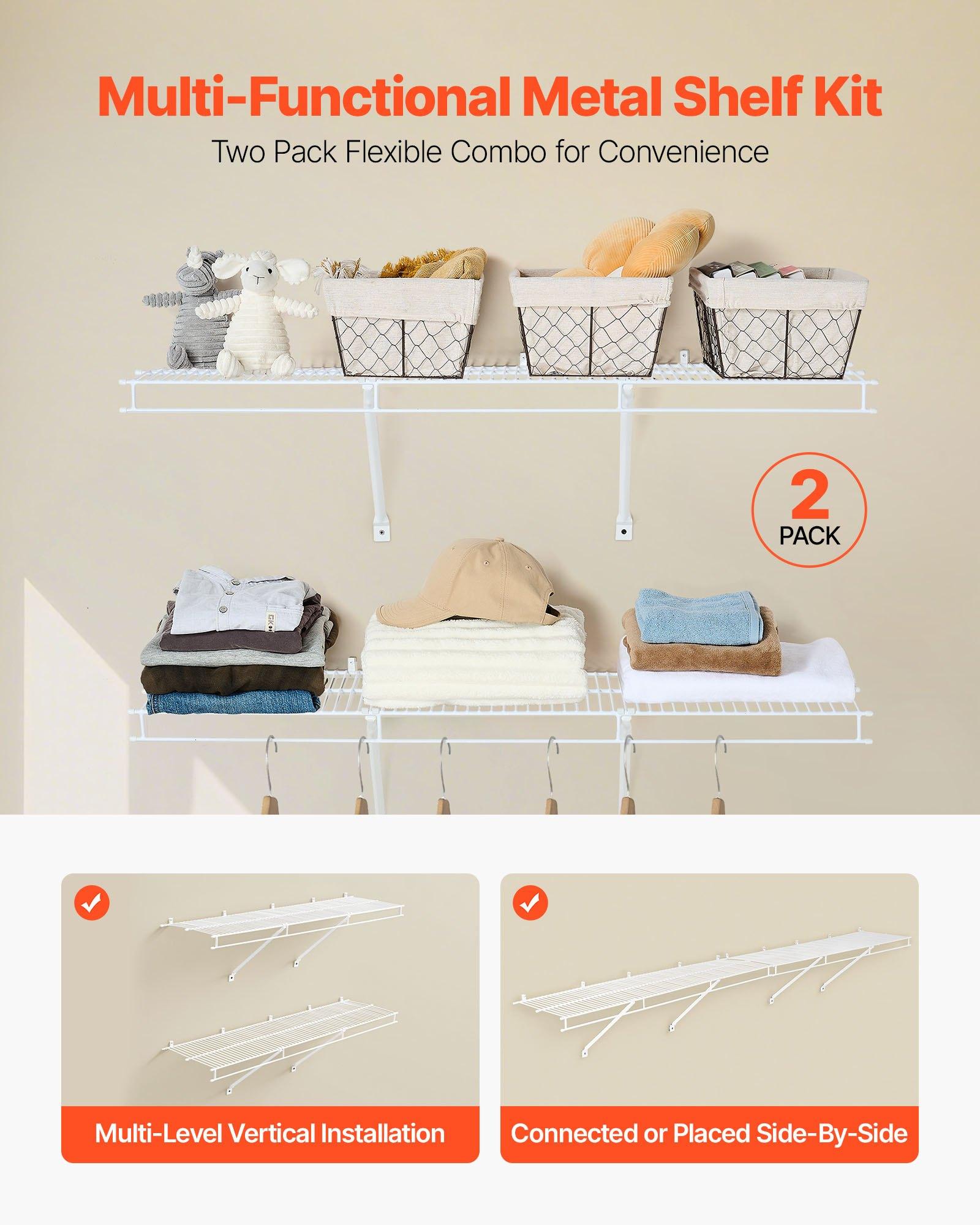 VEVOR Wire Shelf Kit, 4 ft, Set of 2, Wall Mounted Wire Shelves, Heavy-Duty Carbon Steel Hanging Shelf, Floating Wall Storage Shelves with Dip Coating, for Closet, Bedroom, Living Room, Office, Pantr