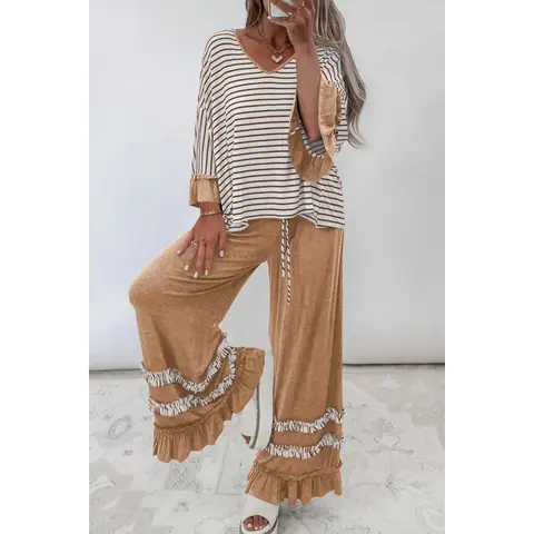 BF Women's 2-Piece Set, Ruffled Sleeve Cotton-Blend Striped V-Neck Top & Adjustable Loose Wide-Leg Drawstring Pants, Soft Cozy Patchwork Fabric Winter Casual Clothes for Women