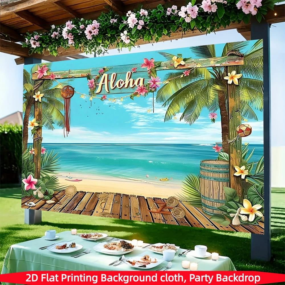 2D Flat Aloha Hawaii Beach Decorative Backdrop 1 Pack Polyester Material Tropical Palm Flower Seaside Party Banner Summer Beach Themed Photo Hanging Cloth Luau Party Atmosphere Curtain Reusable Waterproof Decorative Supplies