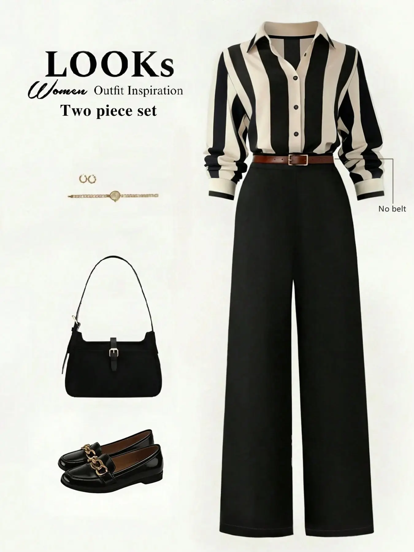 Women's Striped Long Sleeve Shirt and Loose Wide Leg Suit Pants Set, Casual Office Wear, Spring & Fall, No Belt Included