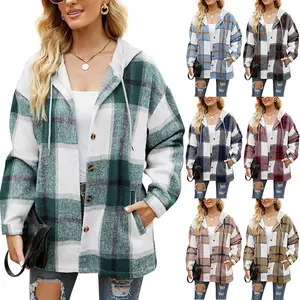 Women's Autumn and Winter New Fashion Plaid Coat with Hood, Casual Loose Shirt