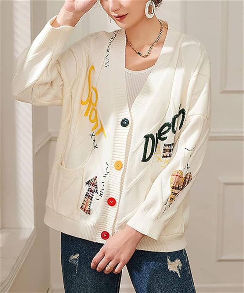 utcovo Women's Cable Knit Long Sleeve Open Front Cardigan Sheep V-Neck Button Down Embroidery Wool Blend Sweater Coat Outwear SpringStatements