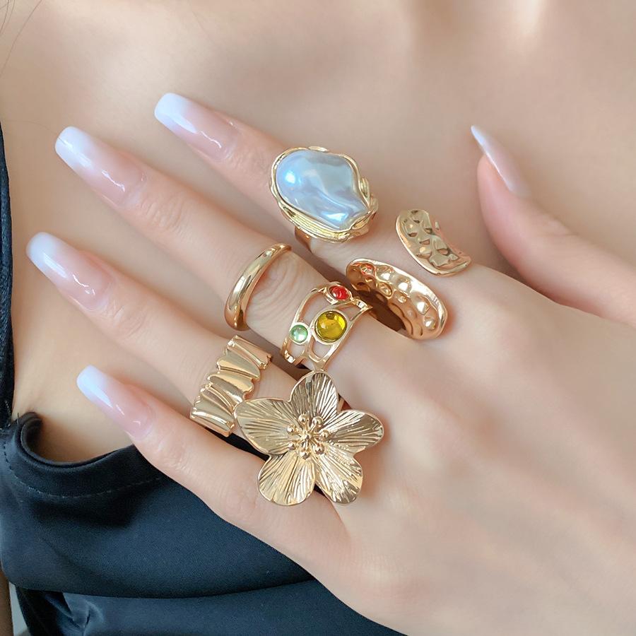 6-Pair Metal Wrinkled Flower Open Rings, Trendy Elegant Minimalist Luxury Hand Jewelry