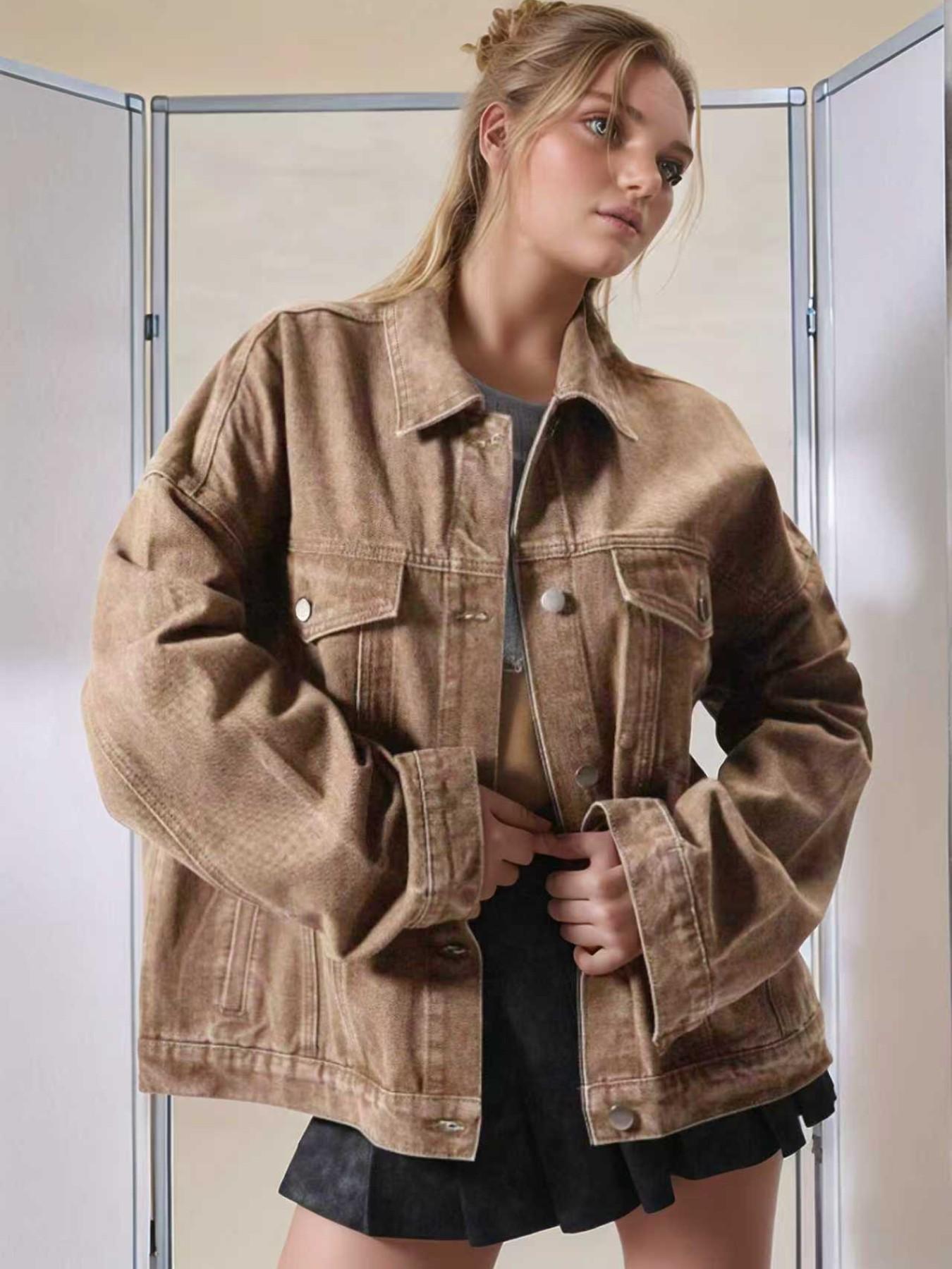 Women's Plain Basic Button-Front Drop-Shoulder Fitted Denim Jacket Coats, Casual Long-Sleeve Collared Pocket Outerwear for Daily Wear, Aesthetic Womenswear