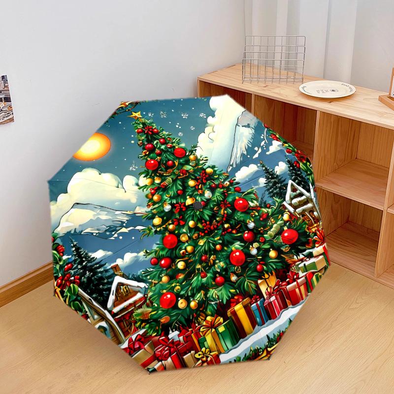 Festival Christmas Tree Printed New Universal Umbrella, Automatic Folding Umbrella, Portable Foldable Design Travel Umbrella, Outdoor Umbrella, Black Friday, Christmas, Birthday Gift C362
