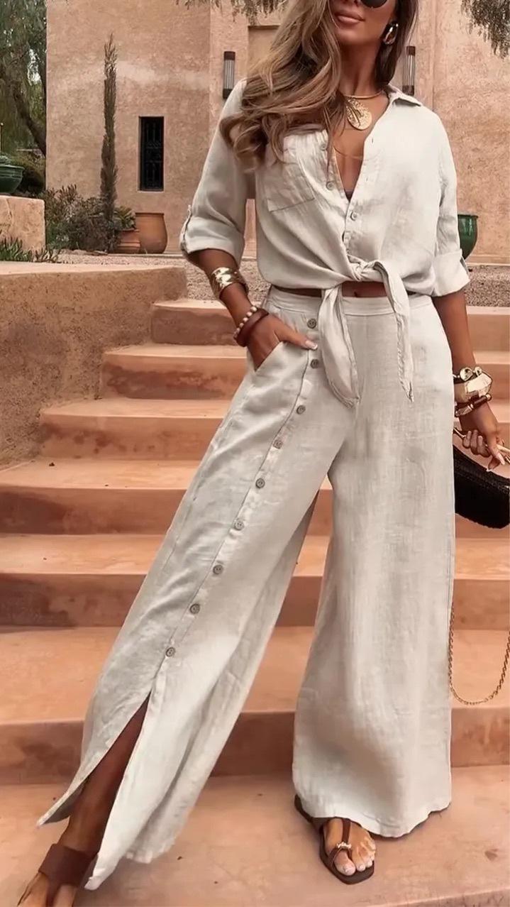 MOVRA1 Women's 2-Piece Lightweight Breathable Comfy Long-Sleeve Loose Fit Shirt Set with Tie Hem, Single Button-Decorated Wide Leg Pants with Slit, All-Season Casual Womenswear, Lady,, Longsleeves