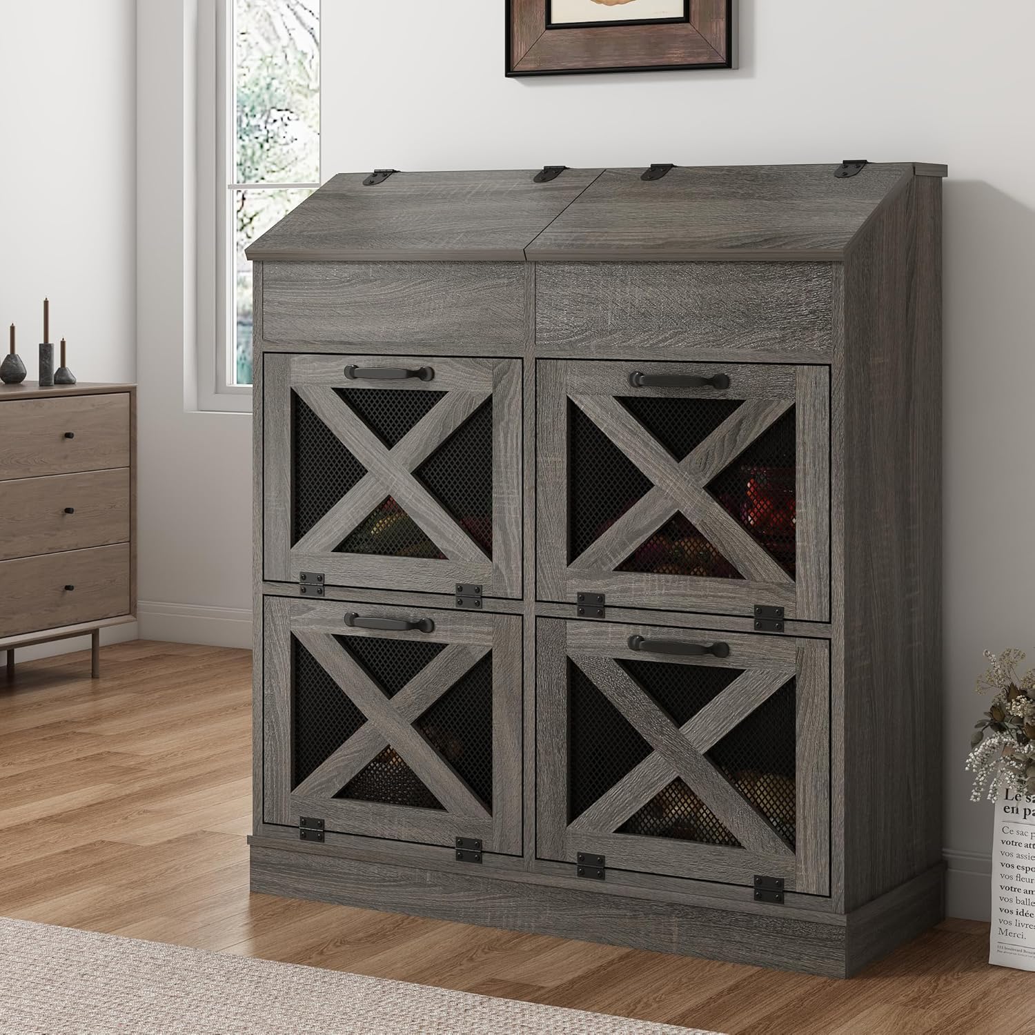 Large Wood Veggie Bin for Potato,Bread,Onion With 6 Large Storage Space. Root Vegetable Storage Box For Kitchen, Farmhouse Wood Potato Box With 4 Mesh Doors,32 * 12.4 * 36 INCH