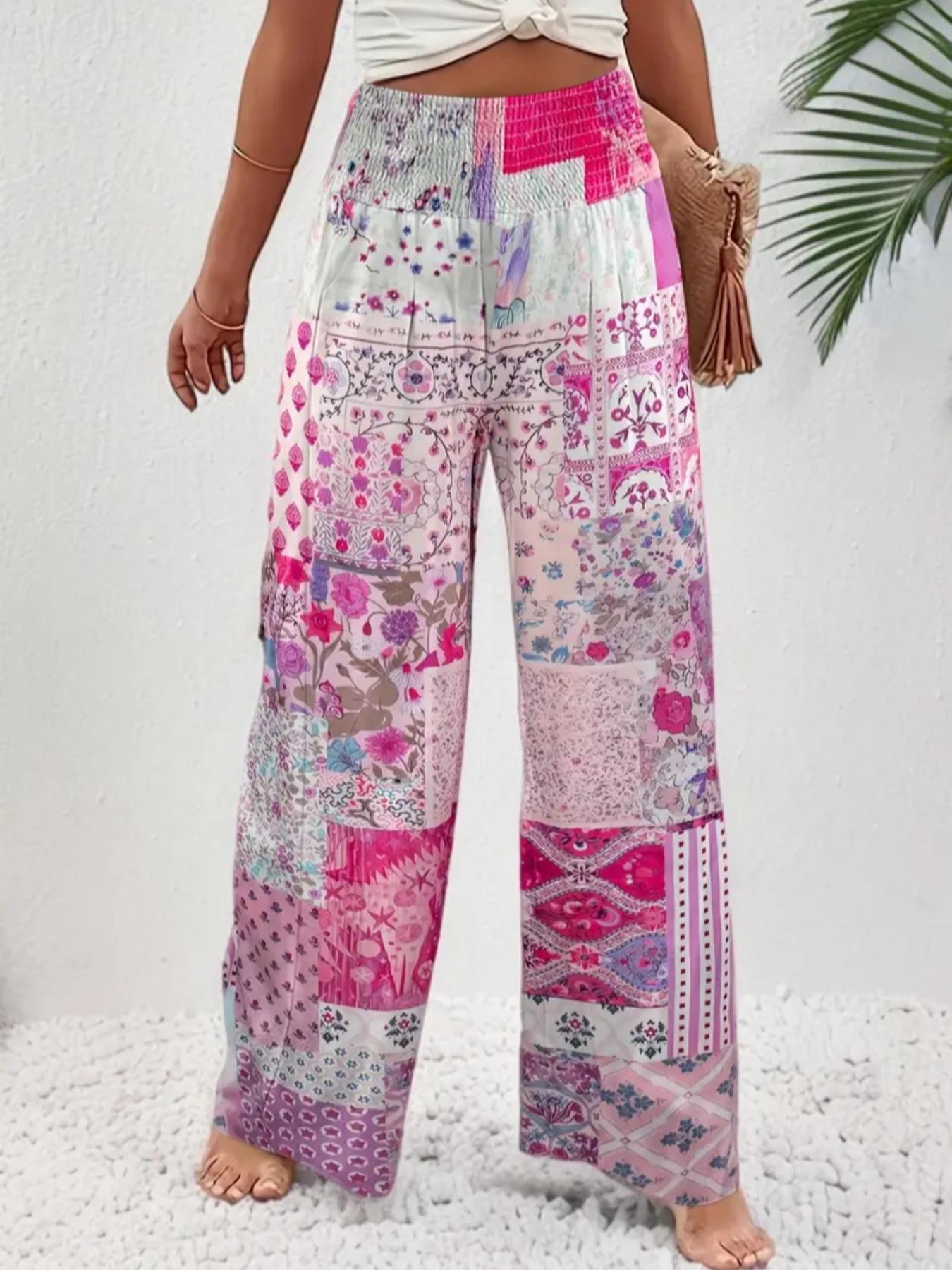 Women's Patchwork Print Elastic Waist Wide Leg Pants, Boho Bohemian Casual Trousers for Beach Vacation Holiday, Ladies Bottoms for All Seasons