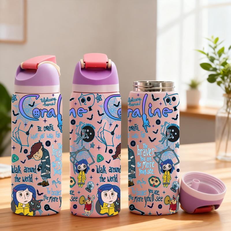 1 Pc 19/24/32oz double wall stainless steel thermal mug, vacuum insulated skinny tumbler, leak-proof lid, keeps drinks hot 12 h/cold 24 h, coraline doodle print, reusable for hot cold drinks, gift for holiday Christmas, Insulated Cups, Drinkware