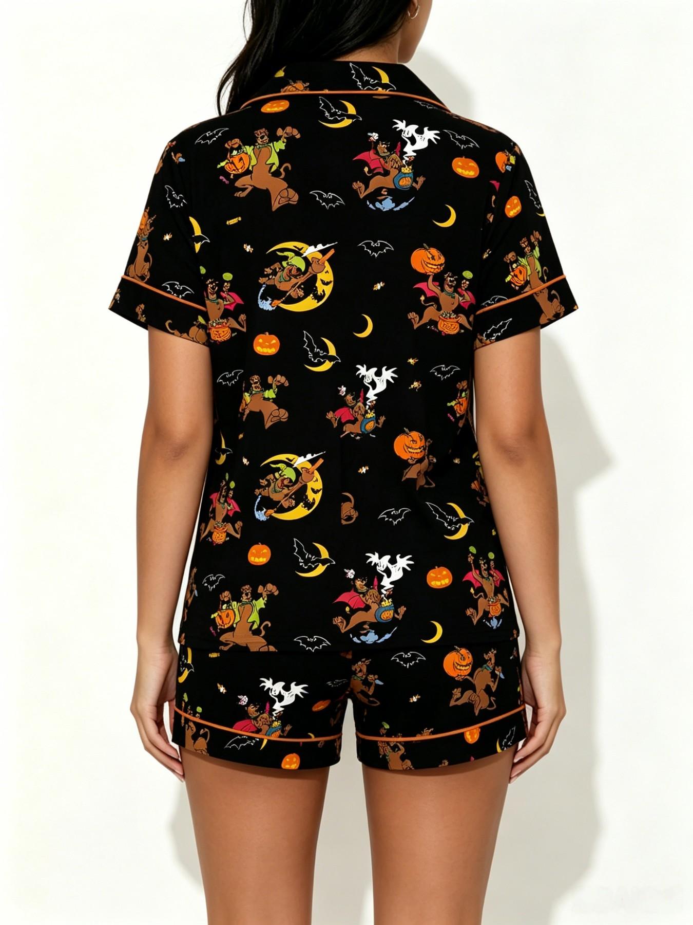 Halloween Dog Print Pajama Set for Teens, Soft Breathable Short Sleeve Top & Shorts, Casual Loose-Fitting Sleepwear, Fun Gift Idea