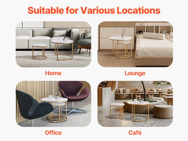 VEVOR Nesting Coffee Table Set of 2, 23.6 in Round Coffee Table, Nesting Tables for Small Place, Vintage End Side Tables Night Stand with Metal Frame, for Living Room, Bedroom, Office (White Gold)