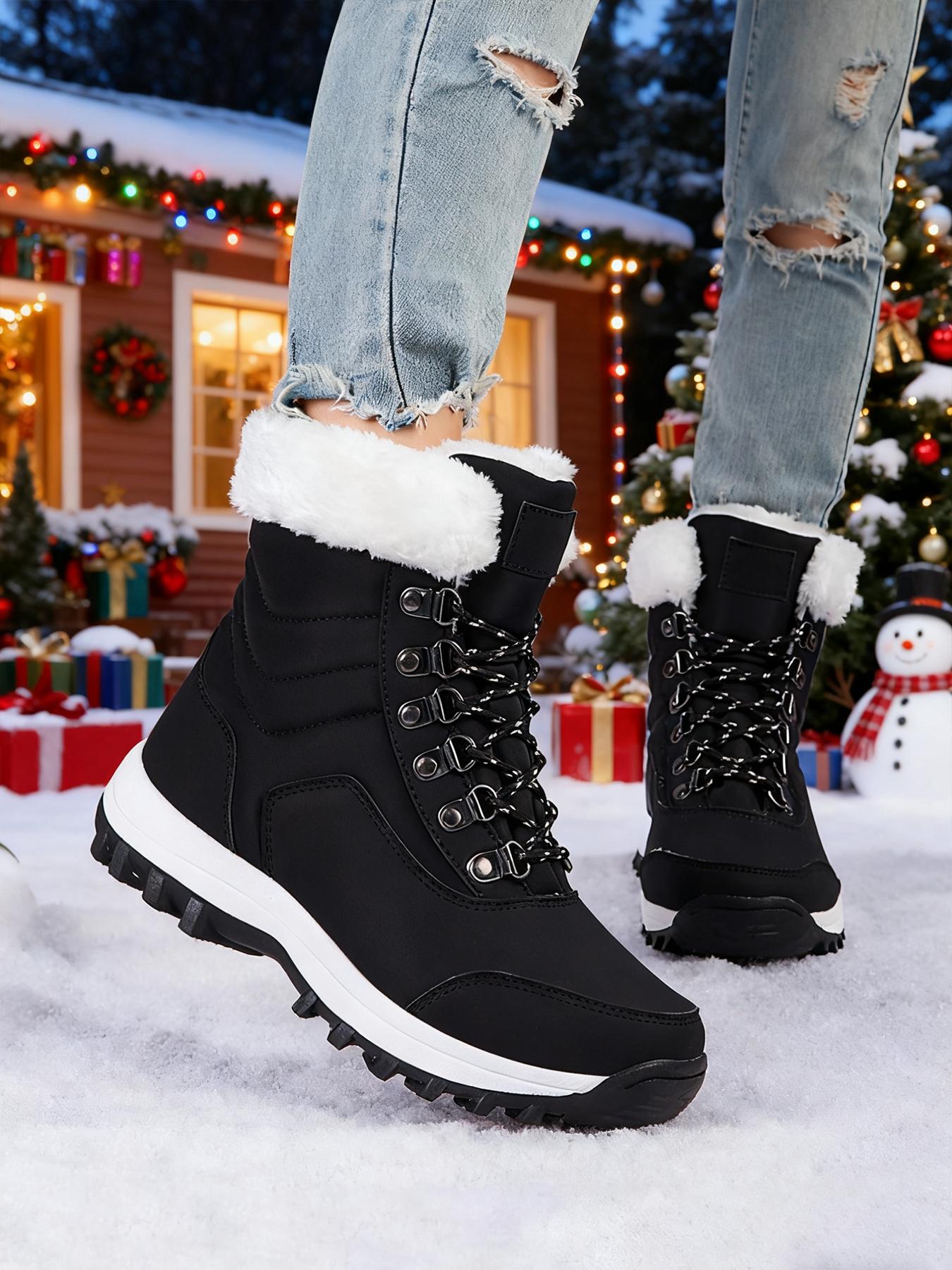 Women's High-Top Lace-Up Hiking Boots, Trekking Shoes, Durable Outdoor Snow Boots with Fleece Lining, Fashionable and Comfortable for Daily Wear and Outdoor Activities, Christmas Gift, Casual Hiking Shoes