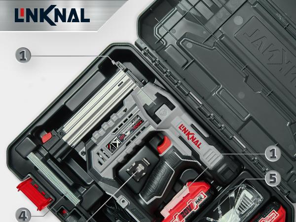 LINKNAL Electric Nail Gun, Cordless Brad Nailer, 18 Gauge, 2×20V Li-ion Batteries, Charger & 1000 Nails Included (L820-BN) - Tool Cordless Heavy Duty