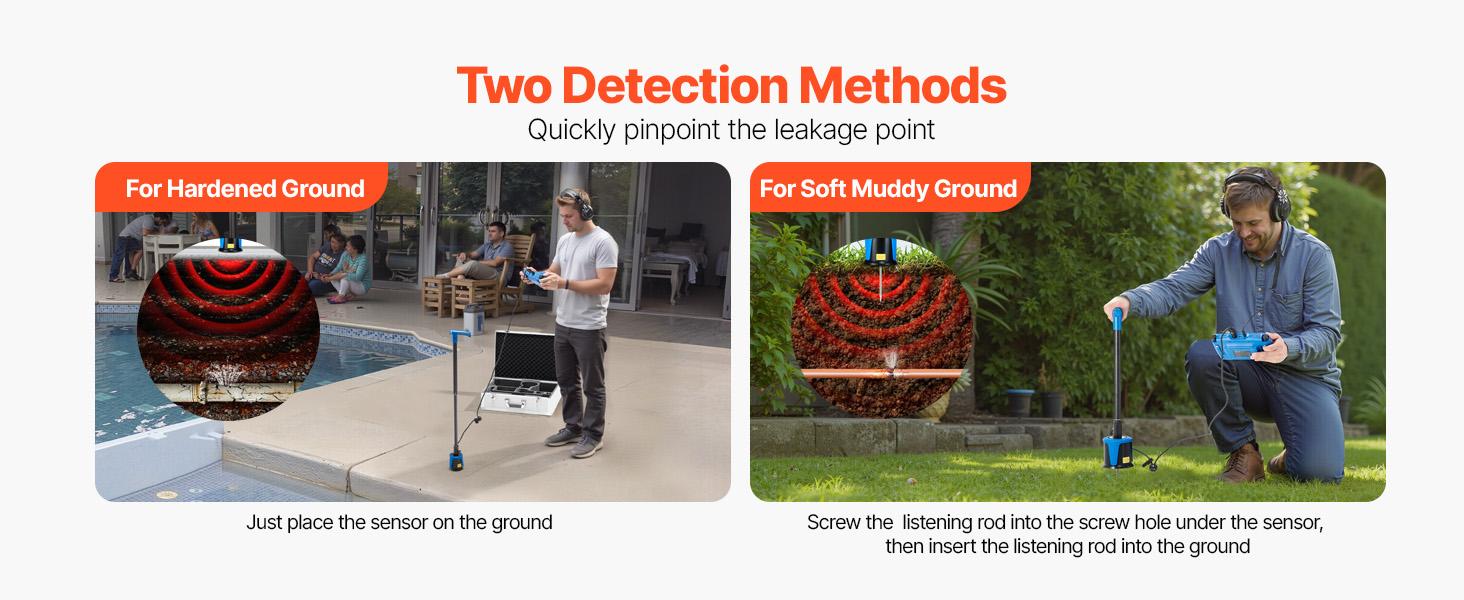 VEVOR Pipe Water Leak Detector for Outdoors, 1Hz-10000Hz, 7 Touchscreen Water Leakage Detection Locator for 16.4FT (5m) Underground Plumbing - with Medium Sensor, 3 Listening Rods, Headphone Case