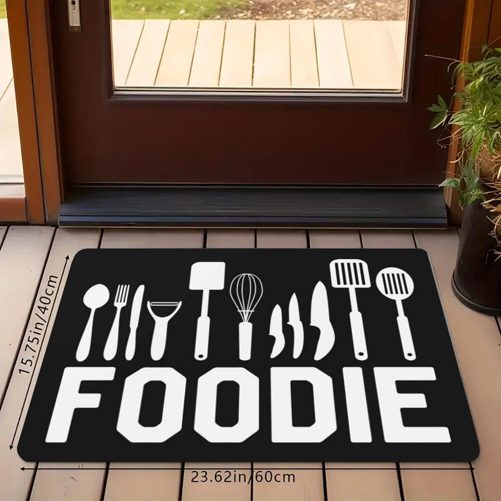 FOODIE Kitchen Rug Set, Black & White Utensil Pattern Non-Slip Washable Floor Mats, Chef Themed Runner Rugs for Kitchen, Dining Room & Home Decor