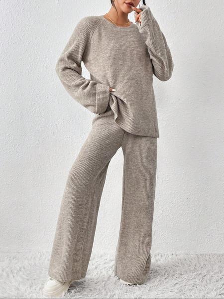 Women's Raglan Sleeve Split Sweater & Elastic Waist Pants Set, Basic Round Neck Top & Pants Sweater Set, Women's Autumn & Winter Clothing for Daily Wear. Women's Raglan Sleeve Split Sweater & Elastic Waist Pants Set, Basic Round Neck Top & Pants Sweater Set, Women's Autumn & Winter Clothing for Daily Wear.