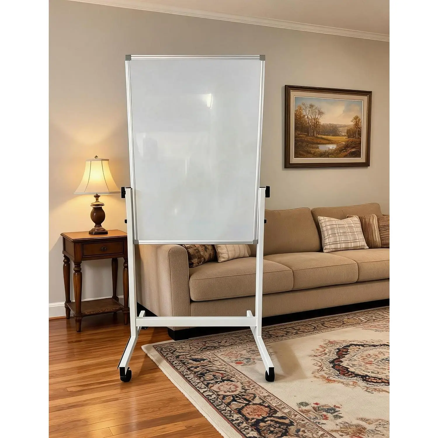 OP-Double-Sided Magnetic Dry Erase Rolling Whiteboard, Height-Adjustable Turn Over Stand - Smooth Turn Over - Aluminum Frame, Pen Tray, Wheels - 40 x 28 in，Black&White