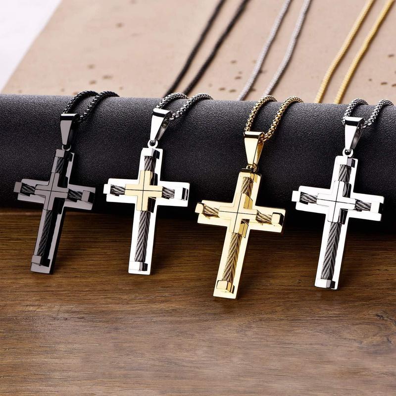 Cassieca Cross Necklace Unisex Stainless Steel Cross Pendant for Men- Classic Design 24" 20" Square Rolo Byzantine Chain