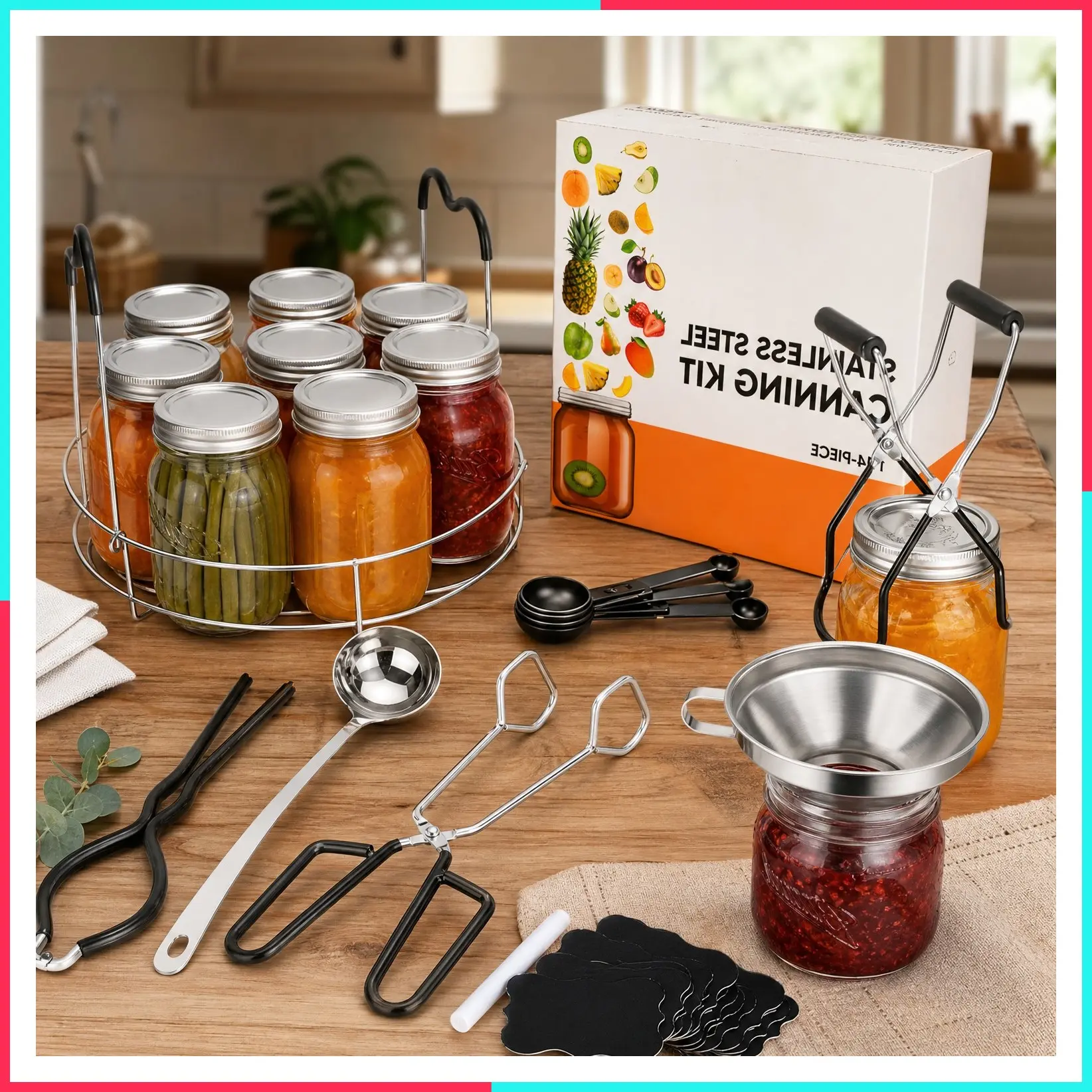 Canning Supplies Starter Kit with Rack, Food-Grade Stainless Steel Canning Tools Set, 2pc Funnel, 3-in-1 Lid Lifter, Complete Water Bath Canner Kit for Beginners, Black