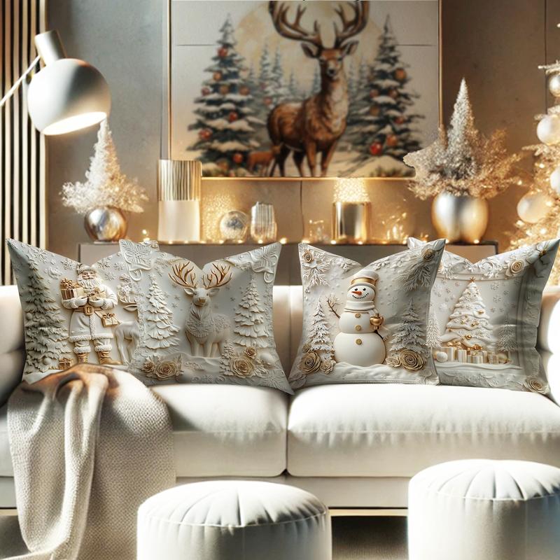 Christmas Themed Cushion Cover, 4 Counts/set Soft Comfortable Single Side Printing Decorative Cushion Cover, Cushion Cover for Home Living Room
