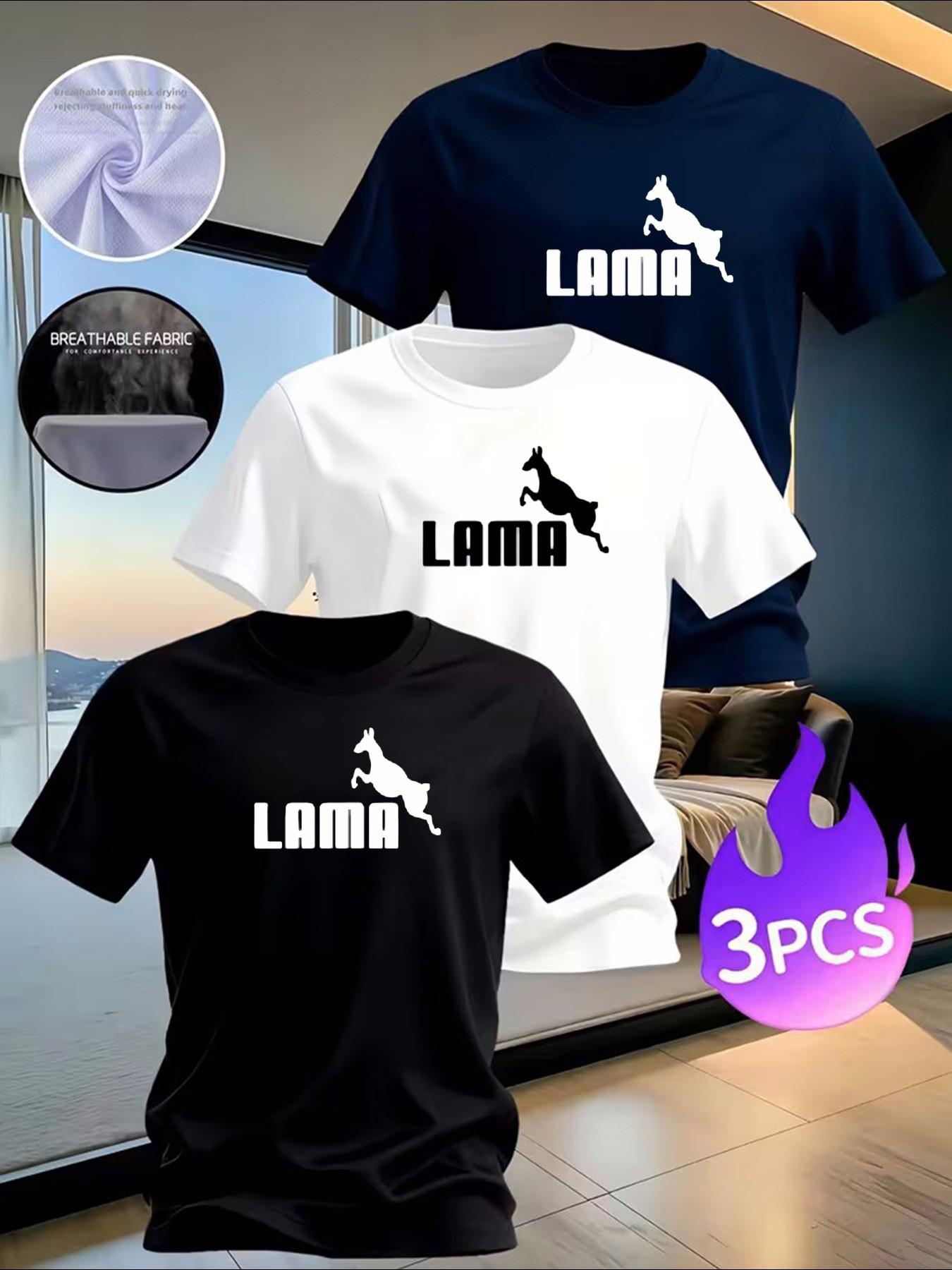 3-Pack Men's "LAMA" Animal Graphic T-Shirts - Casual Breathable Quick-Dry Tees for Daily & Streetwear