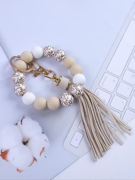 Wooden Bead & Silicone Bracelet Keychain Effortless Style for Daily Wear, Thoughtful Gift for Her - Keys Wristlet for Women