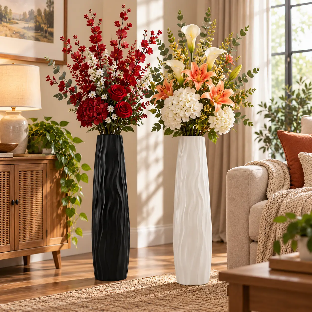 58cm Large Floor Vase, Black & White Plastic Decorative Vase for Living Room, Home & Holiday Decor