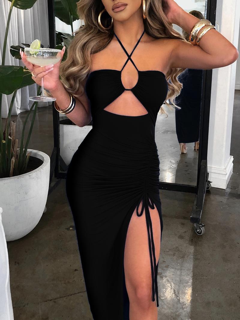 Women's Plain Split Thigh Drawstring Ruched Cami Bodycon Fit Dress, Elegant Cut Out Halter Neck Long Dress for Party Club Dating Wear, Ladies Summer Clothes, Elegant Dress Women