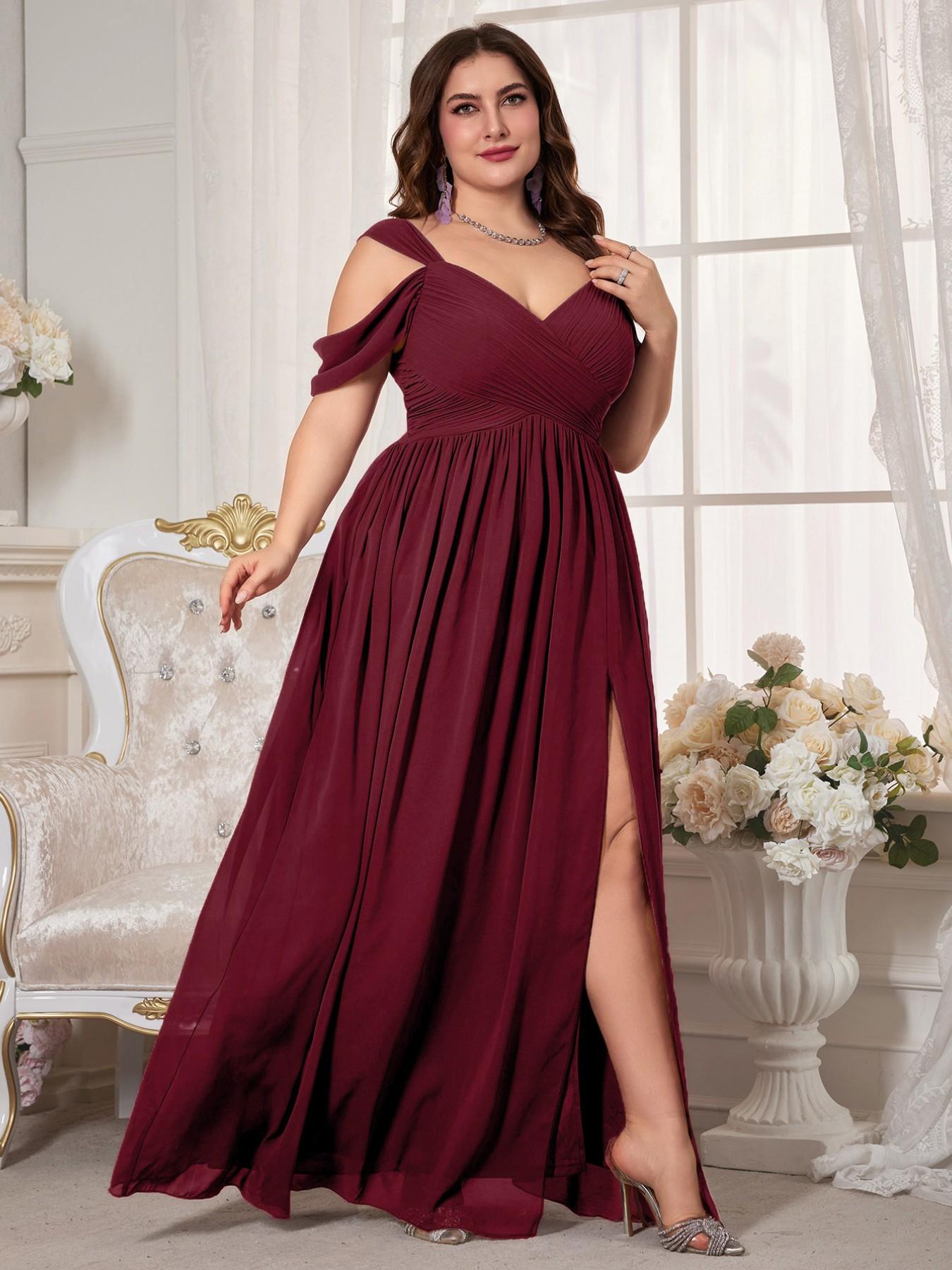 Plus Size Women's V-Neck Backless Waist Cinch Pleated High Split Skirt Maxi Dress, Elegant Chic Lightweight Chiffon Bridesmaid Party Formal Evening Gown, Pleated Dresses