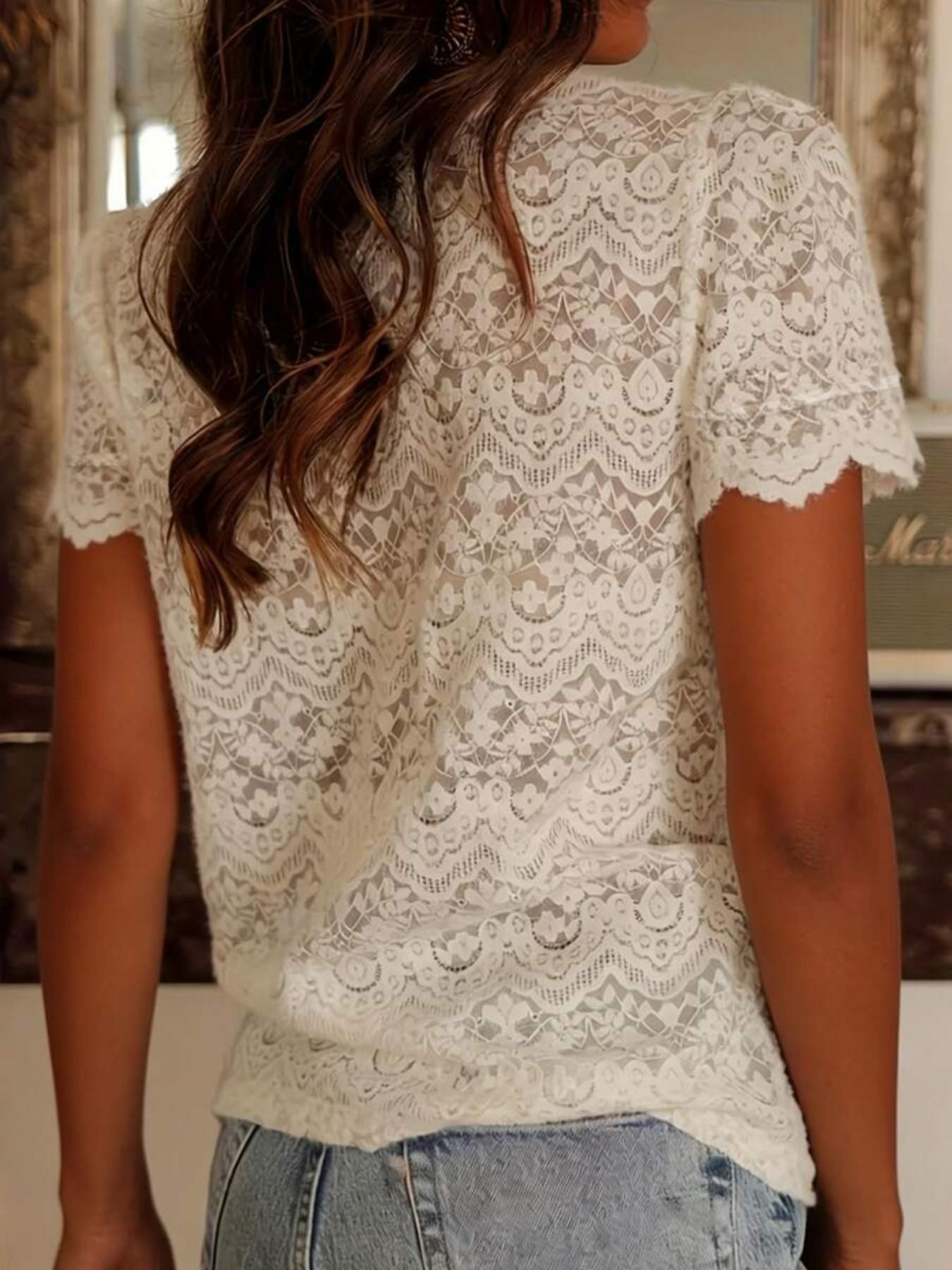 Women's Summer New Vintage Elegant Embroidered Lace Short Sleeve Slim Button Deep V Neck Dressy Casual Blouses Fashion Blouse Shirt, Stylish and Comfortable Design Tops Embroidery