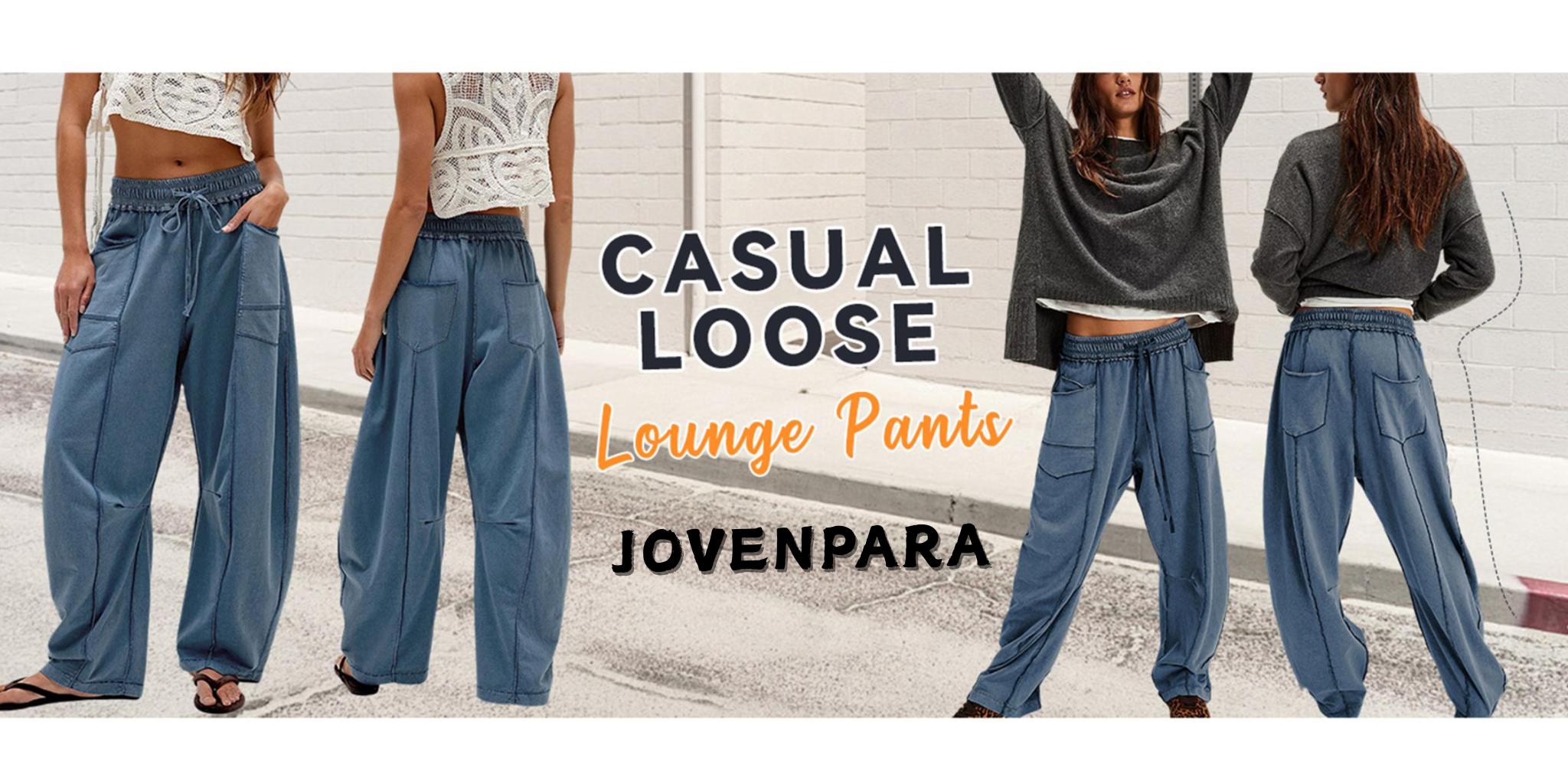 JovenPara Women's Baggy Barrel Pants Wide Leg Smocked Elastic Waistband Lounge Drawstring Trousers with Pockets Casual Streetwear Bottoms Womenswear