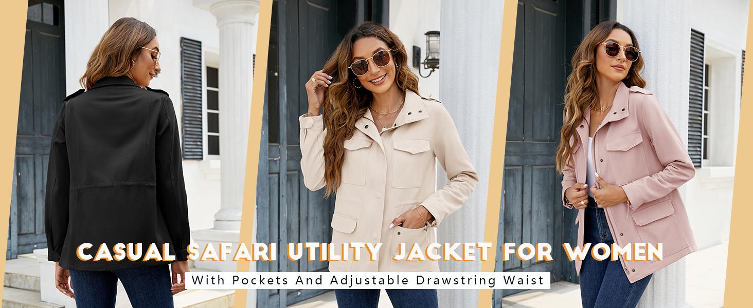 Imily Bela Women's Military Jacket Zip Up Snap Buttons Lightweight Utility Anorak Field Safari Coat Outerwear with Pockets Long Sleeve Cotton Tops