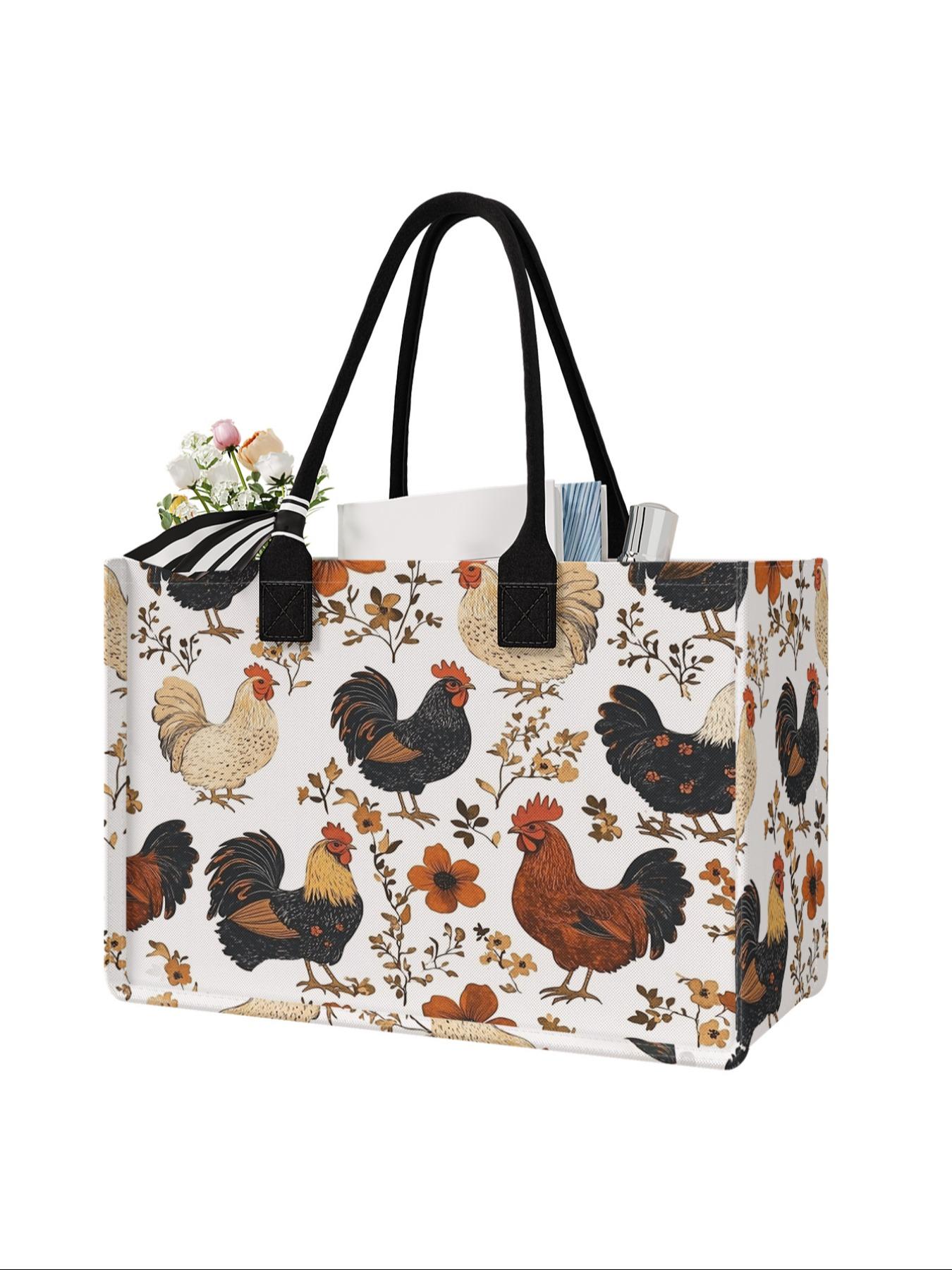Large Capacity Rooster Print Storage Bag, Durable Handle, Space Saving Multi-Purpose, Ideal for School, Travel, Shopping, Reusable Grocery Bags
