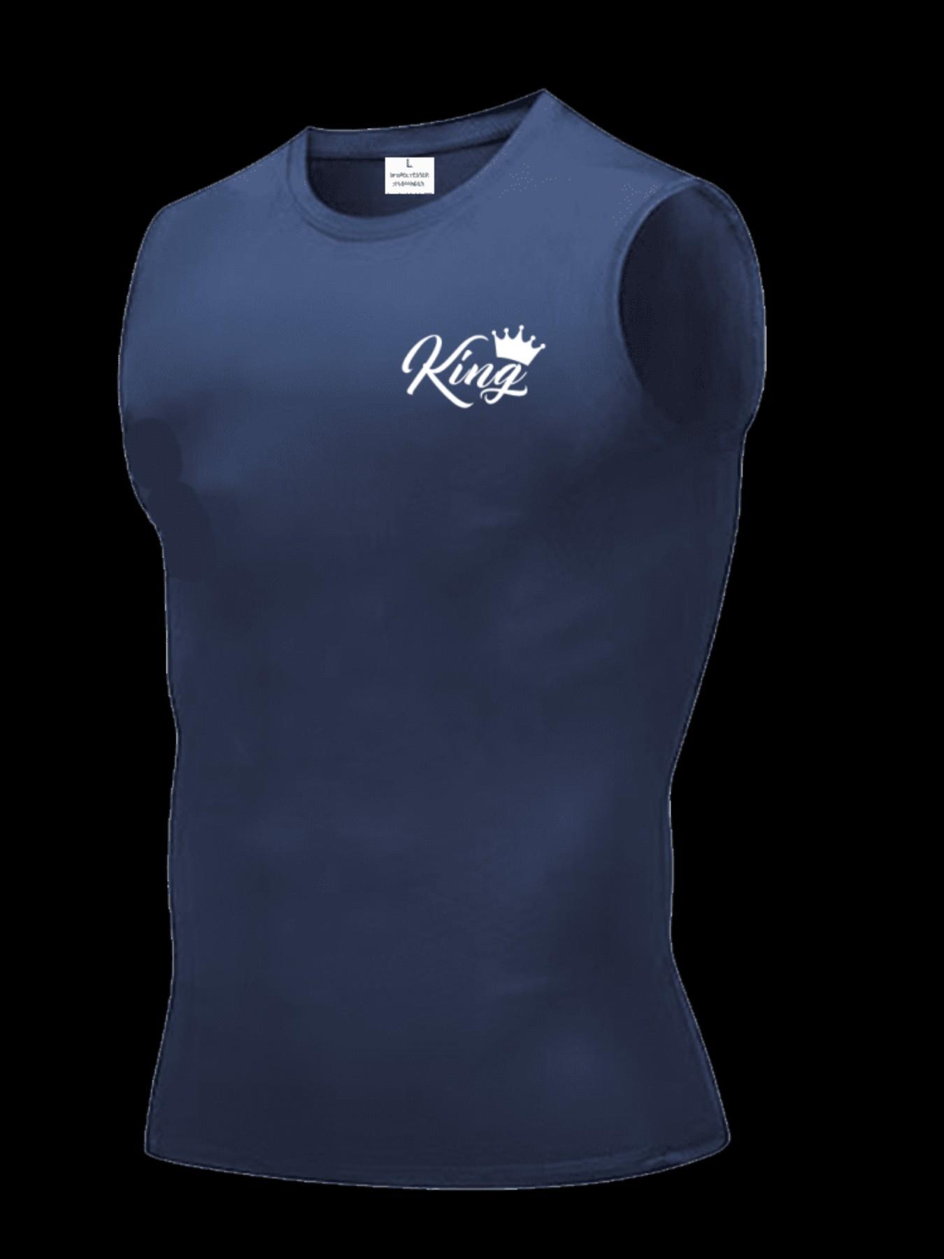 Men's Short Sleeve Sporty Tee, Quick-Dry Breathable Knit Fabric, King Pattern Print, Ideal for Gym, Running, Boxing, Outdoor Activities