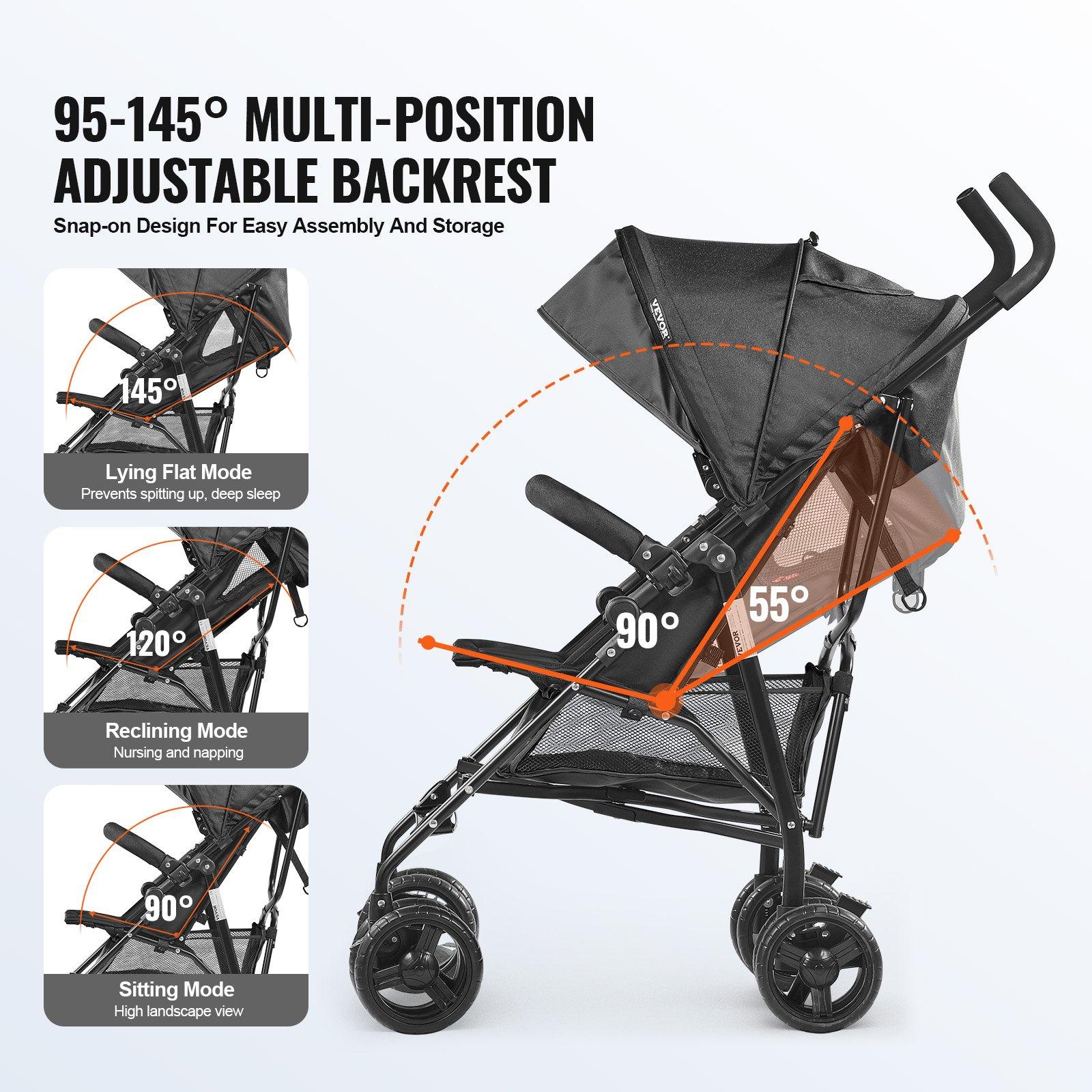 fathersdaygift VEVOR Lightweight Stroller, Compact Easy Fold MultiPosition Recline Canopy Backrest, Carbon Steel Frame, Large Storage Basket, Cup Holder, Umbrella Toddler Baby Stroller for Travel and More, Black