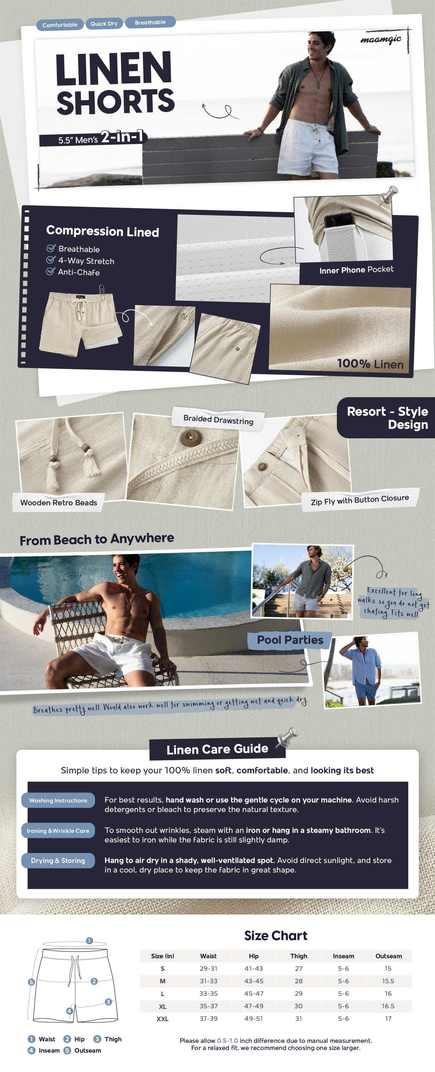 Maamgic Mens Casual Linen Shorts 5/7 Inch Elastic Waist Drawstring Summer 2 in 1 Beach Shorts with Pockets 100% Natural Linen Fabric Soft Breathable Lightweight Comfortable Fit