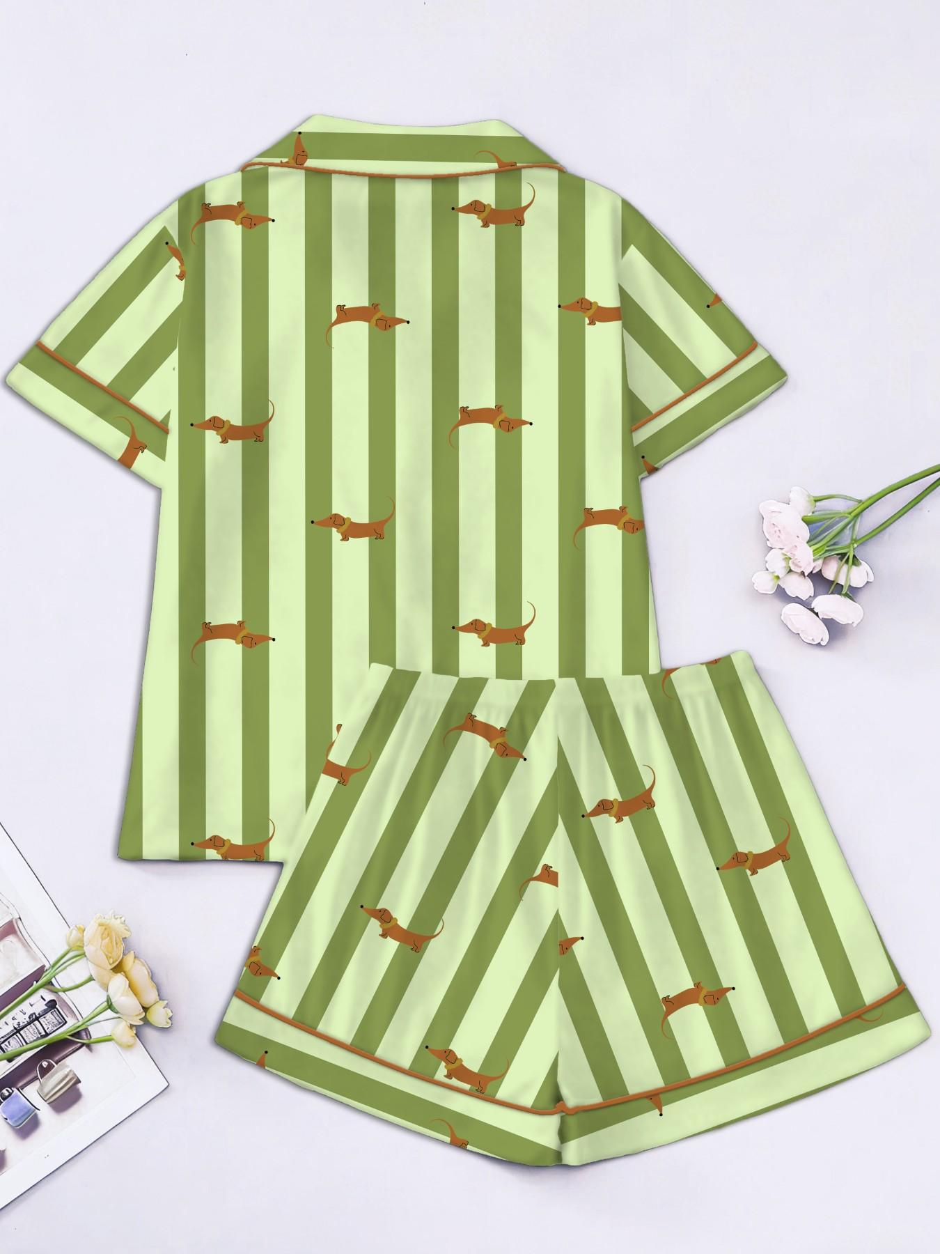 Women's Short Sleeve Button Down Top and Shorts Pajama Set, Spring Summer Wear, For Energetic Teen Girls, Green White Stripe Bright Dachshund Print, Classic Lapel Collar, Loose Vitality Fit, Comfortable For Home & Gatherings