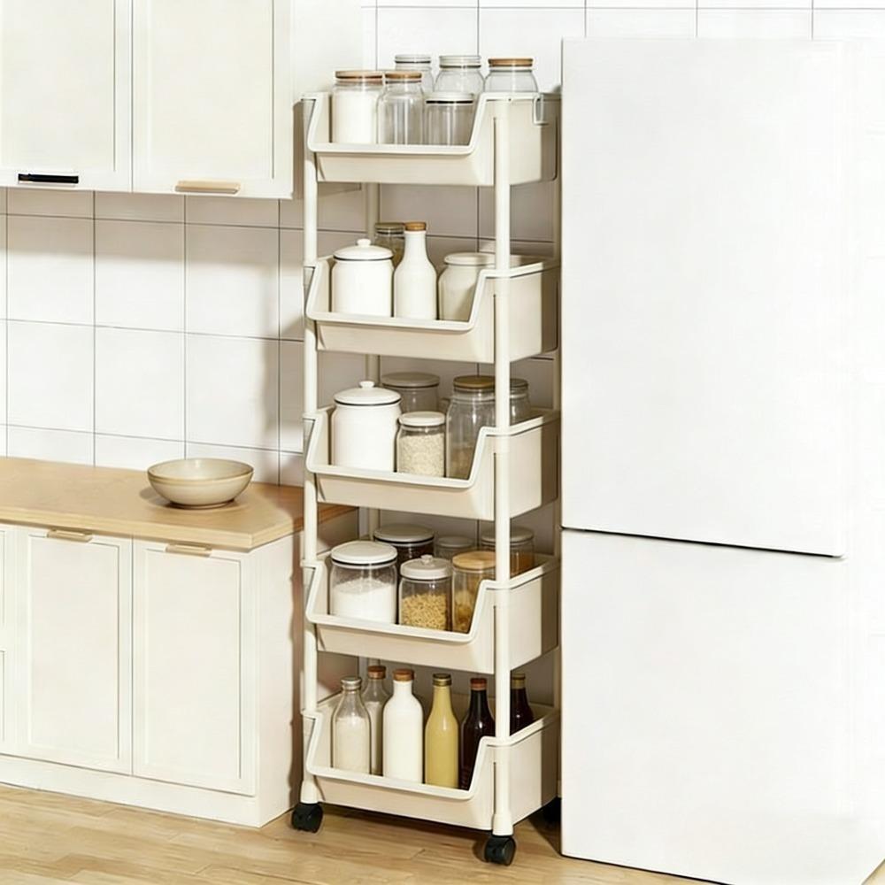Five-Tier Multi-Functional Plastic Durable Storage Cart with Wheels, Layered Organizer for Bedroom Kitchen Bathroom Living Room, Portable and Movable