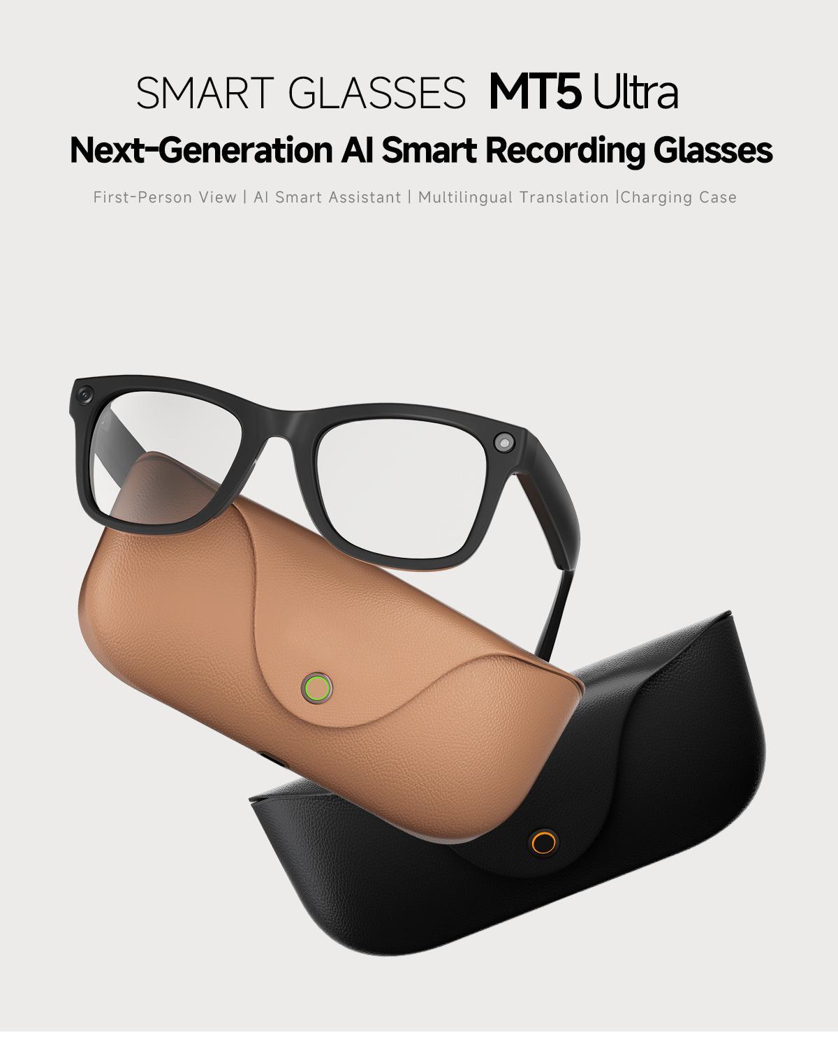 New Mt5 Ultra Ai Smart Glasses, 8mp HD Camera, Voice Recording, Real-Time Translation, Bluetooth-compatible Call, 300mah Battery, 2000mah Charger, Unisex