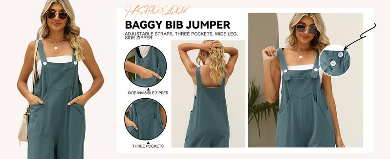 Naeduo Women's Summer Cotton Linen Bib Overalls Baggy Sleeveless Adjustable Wide Leg One Piece Jumpsuits
