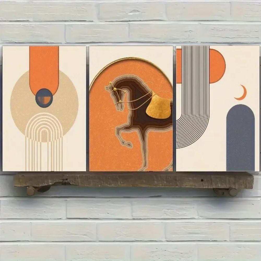 3-Piece Optional Wooden Frame Modern Bohemian Abstract Geometric Line Art Poster Waterproof Material HD Color Print High Color Accuracy Room Entrance Dining Decor