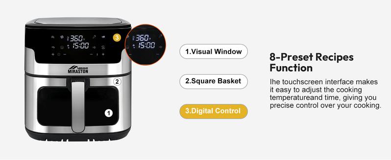 MIRASTON 8.5QT Large Capacity Digital Touchscreen Air Fryer, 8 Cooking Presets, Durable Stainless Steel, Visible Cooking Window, Nonstick Basket, 1500W, Holiday Haul
