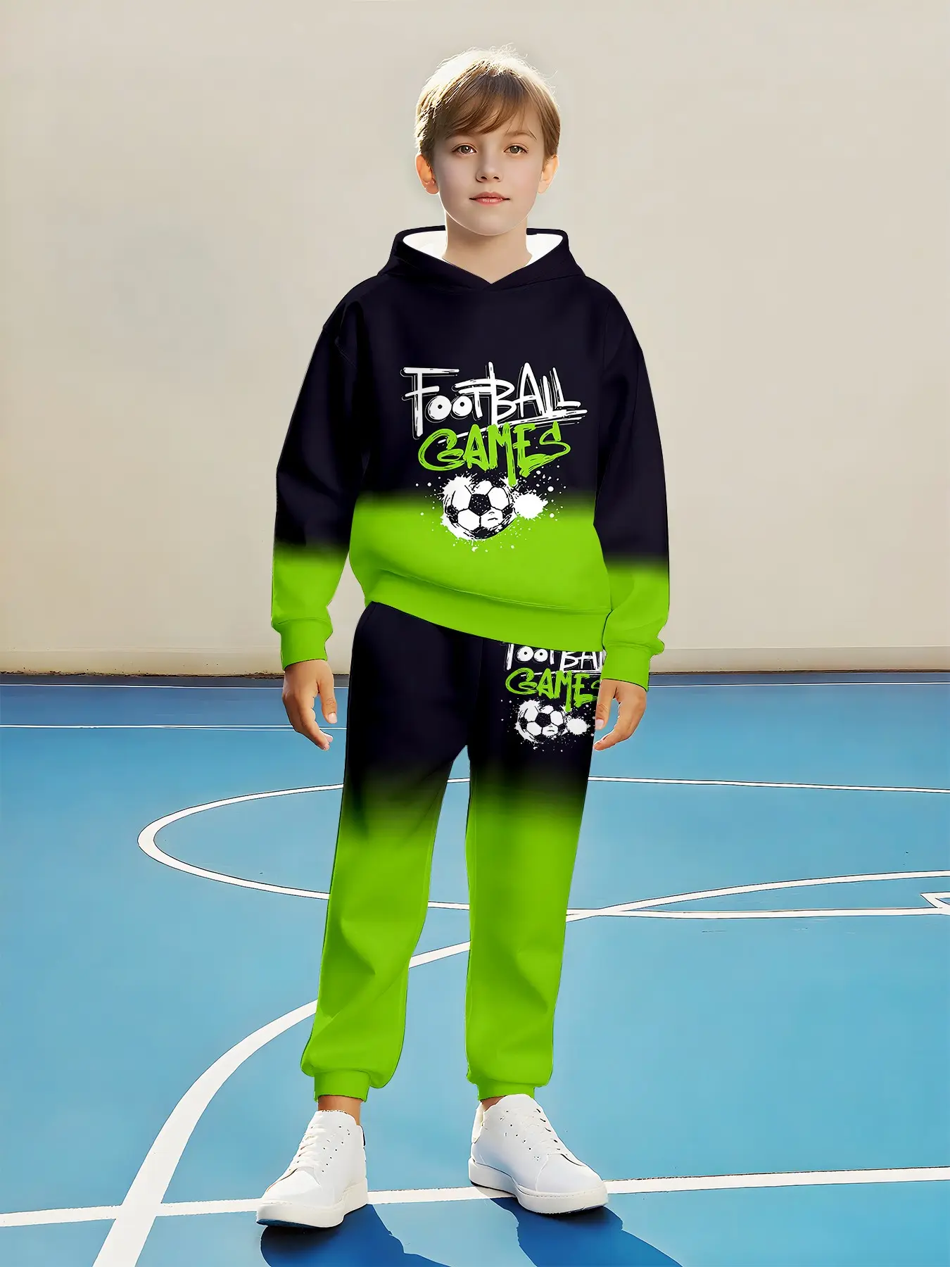Boys' Gradient Hoodie and Sweatpants Set, Football Game Graffiti Print, Casual Sportswear, Fall & Winter