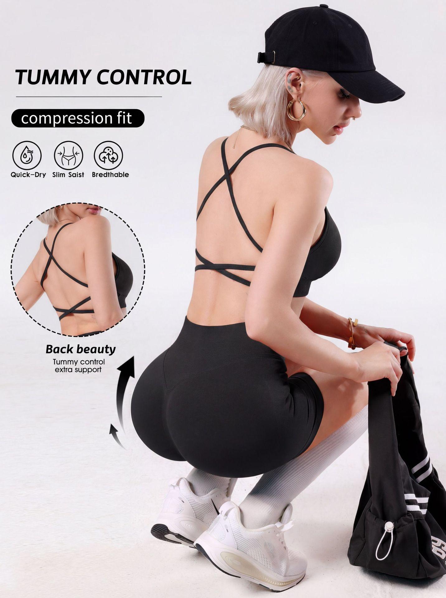 Women's 2-Piece Sporty Sports Underwear Set, Cross-Suspender Beauty Back Yoga Bra, High-Waist Belly & Hip-Lift Fitness Biker Shorts for Yoga, Fitness