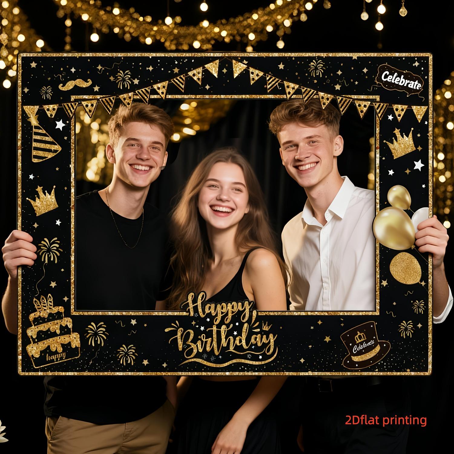 2D Flat 1pc Black Gold Glitter Happy Birthday Cutout Photo Booth Banner, 120x80cm Large Size, Crown Balloon Cake Photography Background, Ideal for Birthday Party, Coming of Age Celebration, Photo Booth Prop