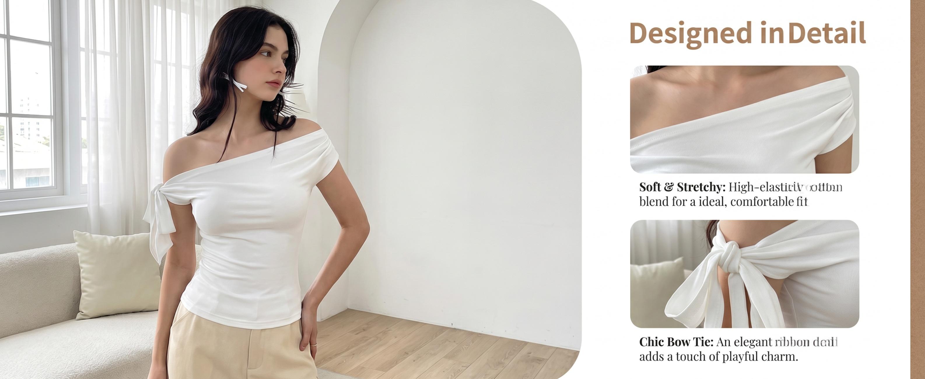 Women's Asymmetrical Off-Shoulder Top - Tie Knot Sleeve Ruched Blouse - Elegant Slim Fit One-Shoulder Shirt