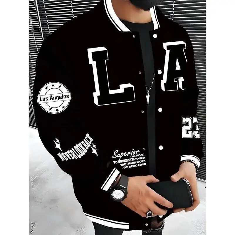 Men's Los Angeles LA Baseball Jacket - Red & Black with White Lettering, "SUPERIOR QUALITY" Embroidery, Lightweight Warm Polyester Varsity Coat, Snap Closure, Machine Washable, Hip Hop Rock Style Urban Streetwear, Snap Button Clos