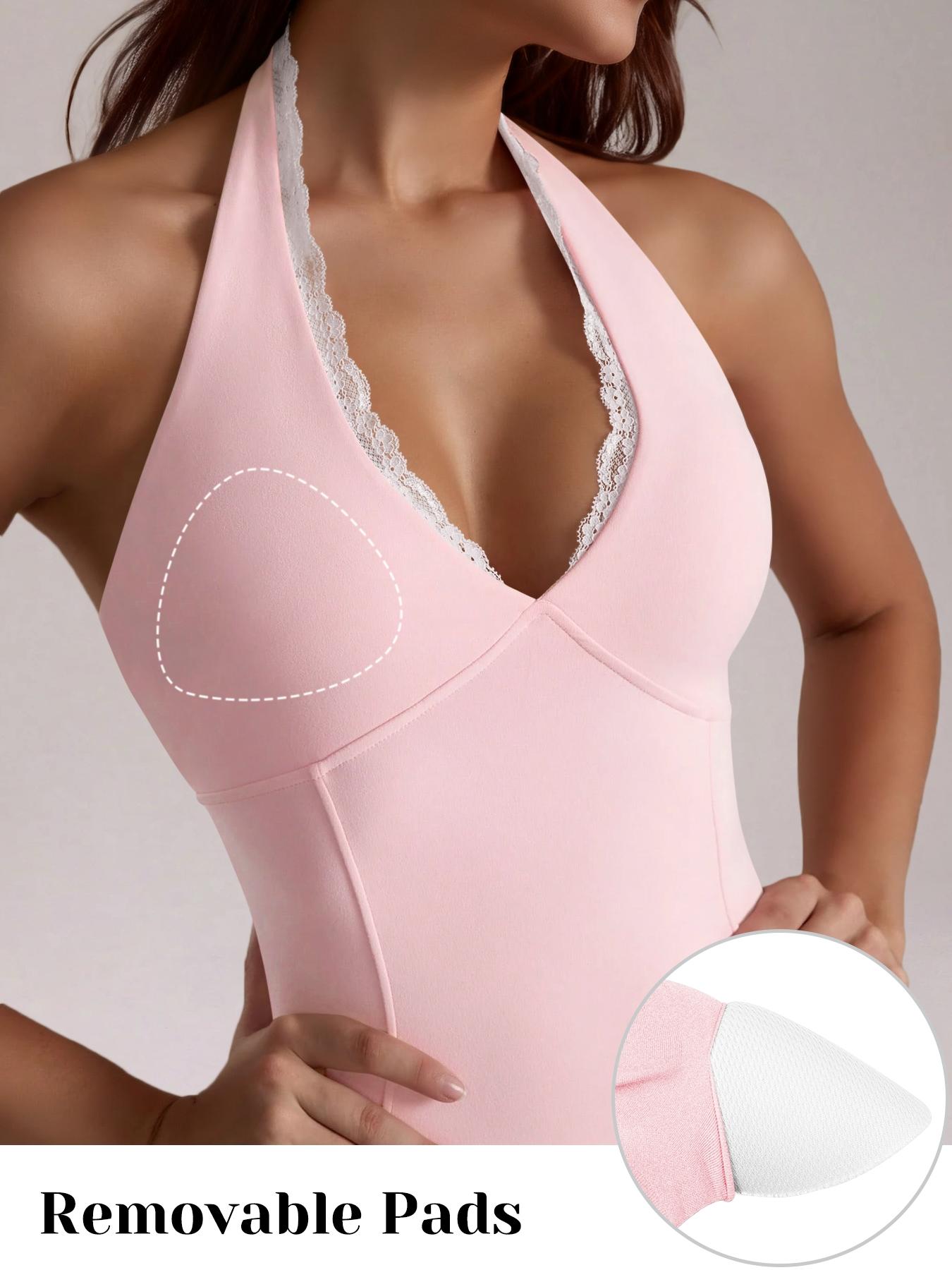 Women's Halter Neck Yoga Jumpsuit Lace Patchwork V Neck Removable Pads Hollow Out Backless, Sleeveless Tummy Control Casual Solid Color High Stretch Workout Utitard One Piece Jumpsuit For Y2K Yoga Gym Sports Dailywear, Ladies Sportswear All Seasons