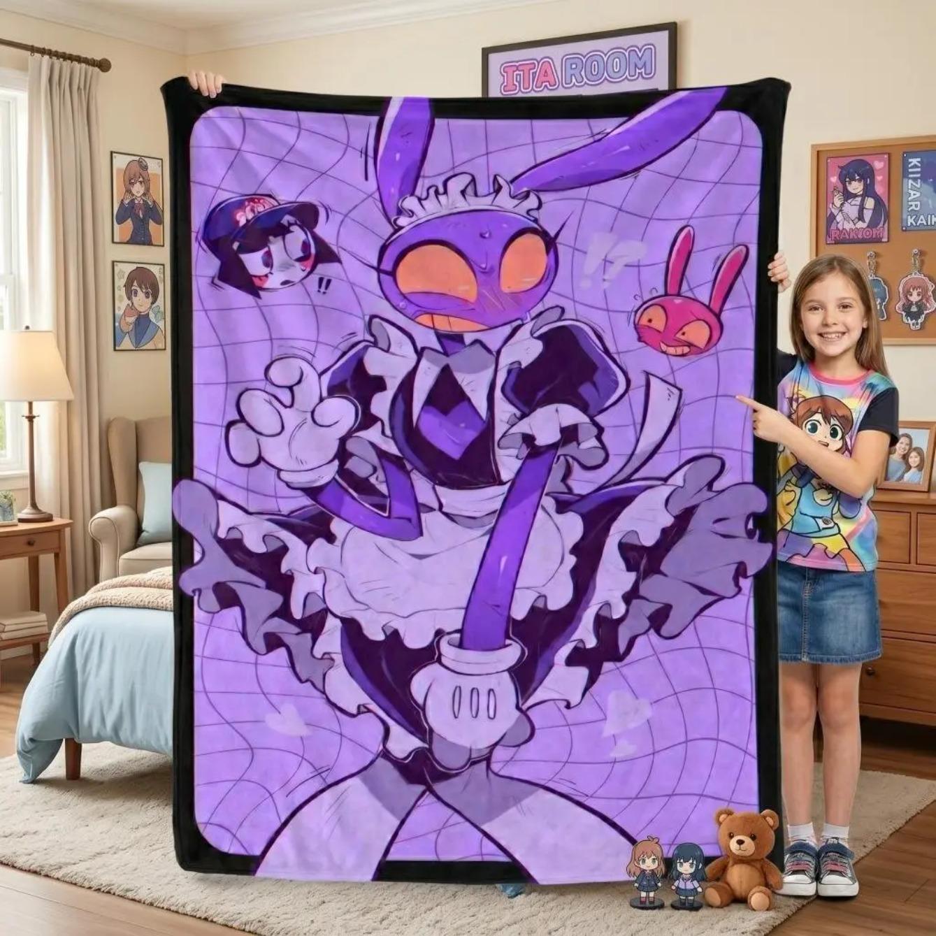 The Amazing Digital Circus Jax Rabbit Repeat Print Flannel Throw Blanket, Purple Yellow Cute Cartoon Character Soft Lightweight Warm Blanket for Sofa Bed Bedroom Travel Camping, Perfect Birthday Christmas Holiday Gift for TADC Cartoon Fans Teens Kids
