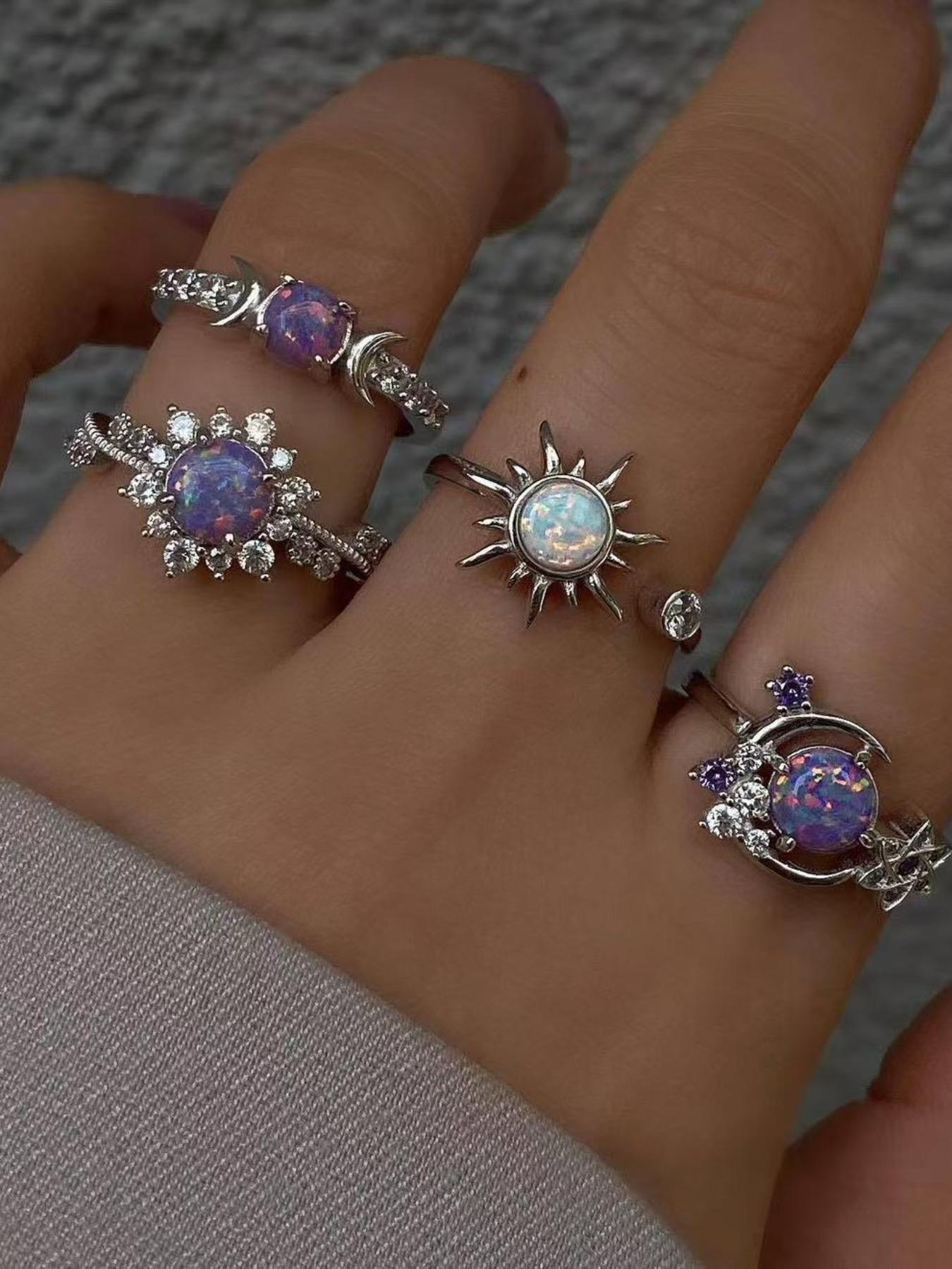 4 Pcs Fashionable Gemstone Rings, Sun Moon Rhinestone Luxury Geometric Ring Set, Women's Birthday Gift, Low Allergy, Fade-Resistant